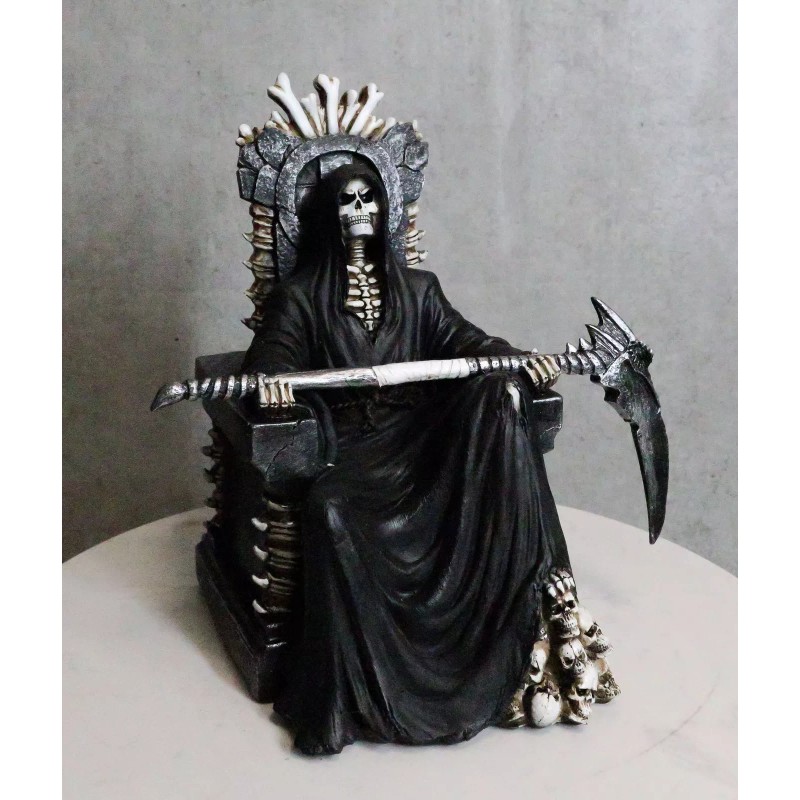 Black Holy Death Grim Reaper Sitting On Skeleton Skull Throne