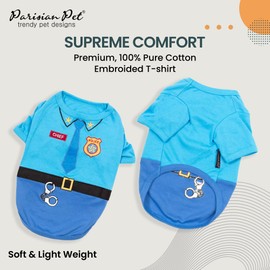 Parisian Pet Embroidered Dog Police Costume - 100% Cotton and Polyester Pet Clothes - Sleeved Cop Costume for Small Blue Dogs