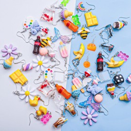 28 Pairs Weird Cute Earrings Funny Kawaii Indie Funky Earrings Including Gummy Bear Water Bottle Food Mushroom Boba Tea Goldfish Flowers Dangle Earrings for Women