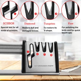 Knife Sharpeners, Best 4 in 1 Manual Kitchen Knives & Scissor Sharpeners, 4 - Stage Knife Sharpening System with Diamond Steel, Ceramic Stone, Ergonomic Design, Non-slip Base（Black）