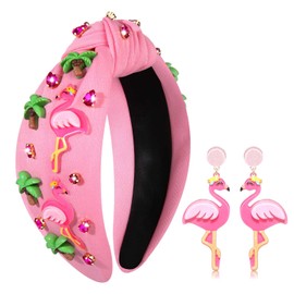 Flamingo Headband for Women Flamingo Knotted Headbands Jeweled Tropical Summer Beach Headbands Rhinestone Crystal Wide Top Knot Headband Summer Beach Vacation Outfits Hair Accessories (Flamingo 2)