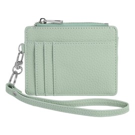 SUIKIHUM Credit Card Wallet with Keychain Wristlet Strap, PU Leather Card Holder - 5 Card Slots & 1 ID Window & 1 Zipper Pocket, Light Green