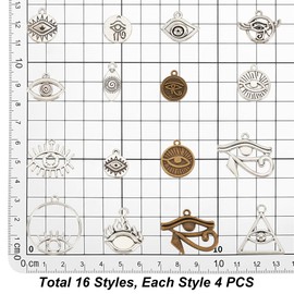 PH PandaHall 64pcs 16 Styles Evil Eye Pendant Charms, Tibetan Style Egyptian Eye Charms Alloy Wing Dangle Pendants Spacer Beads for DIY Earrings Necklaces Bracelets Jewelrys Keychain Making