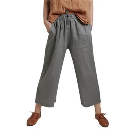ECUPPER Womens Linen Cropped Pants Loose Casual Capri Cotton Wide Leg Plus Size Elastic Waist with Drawstring Trouses Grey 4XL