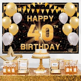 40th Birthday Decorations for Men & Women - Extra Large 6ft Backdrop Banner (70x47 Inch) Black Gold, Over The Hill Party Supplies for Indoor/Outdoor Use, 40 & Fabulous, Happy 40th Birthday Banner
