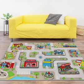 Capslpad Kids Play Rug for Playroom 5.2x3.3 ft Town City Road Map Car Mat Play Mat Educational Learning Carpet Area Rug for Boy Girl Toddler Bedroom Playroom,Tan