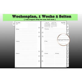 2025 2026 Wochenplaner Einlage Personal A6, 6 Löcher, 1 Woche 2 Seiten mit Tabs, Extra Notizen Kontakt, von Aug.25 bis Jul.26, Dicker Papier, 100 gsm, 95x171mm, Nachfüllpapier auf Deutsch