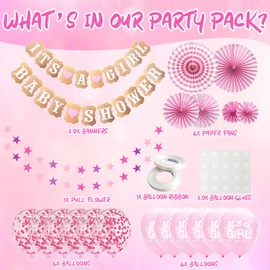 Baby Shower Decorations for Girls - Pink and White Baby Girl Confetti Latex Balloons, It's A Girl Decoration Banners Set Pink Paper Fans Star Banner for Gender Reveal Party