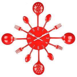 Wall Clock, Timelike 16" Metal Kitchen Cutlery Utensil Spoon Fork Wall Clock Creative Modern Home Decor Antique Style Wall Watch (Red)