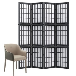 Room Divider with Shelves, 66.9-Inch Tall Japanese Shoji Style Wood Screen with Double Hinges for Home Office Bedroom Hotel Decoration (4 Panels, Black)