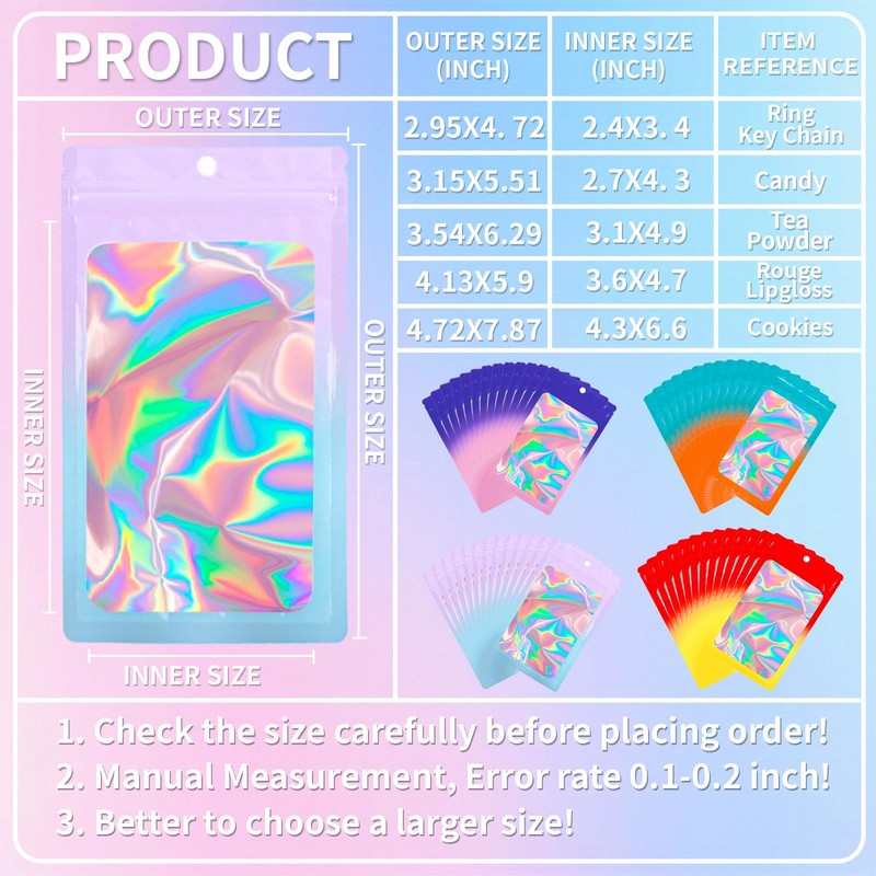 200 Pack Resealable Mylar Holographic Bags Food Storage Smell Proof