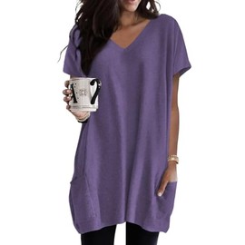 Poetsky Womens Long Shirts Loose Fit Solid Color Short Sleeve Tshirt Dress to Wear with Leggings Tunic Tops Oversized T-Shirts with Pockets for Women XL Purple