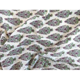 AVKA Studio Hand Block Print Fabric by The Yard - PRECUT 3 Yard 42 Inch Width - 100% Cotton Material - Beige & Purple Paisley Pattern - Light Weight Indian Cloth for Making Summer Dress Projects etc