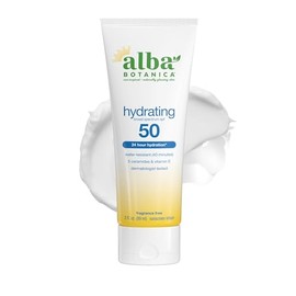 Alba Botanica Loción hidratante de protección solar, protección de amplio espectro SPF 50, hidratación 24 horas, resistente al agua (40 minutos), sin 