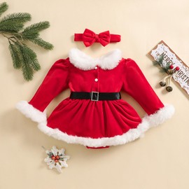 Afunbaby Baby Girl Christmas Dress Santa Claus Newborn Onesie Romper Dress My First Christmas Outfit Winter Clothes (Santa Red A, 0-3 Months)