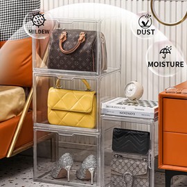 Stebopum Purse Organizer for Closet, Clear Acrylic Display Box for Handbag, Stackable Bag with Magnetic Door, Easy to Assemble Stylish Storage Bins for Cosmetic, Book, Figure (3 Pack)