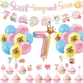 Sweet Sassy And Seven Birthday Decorations Girls Include Donut Sweet Sassy And Seven Banners Cupcake Toppers Balloons 7th Birthday Theme Party Supplies