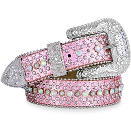 FIORETTO Men Women Rhinestone Belt Bling Western Studded Leather Belt Shining Diamond Waist Belt for Cowgirl Cowboy Jeans, 05 Shine-pink, fits waist size 29"-33"