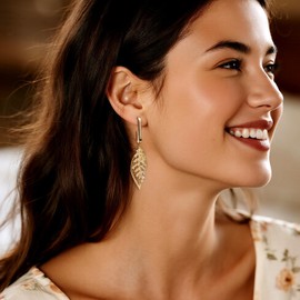 Sonateomber Gold Chunky Hoop Dangle Leaf Earrings for Women, Large Statement CZ Rhinestone Boho Multi Tiered Leaves Drop Earings Prom Wedding Fashion Jewelry Gift