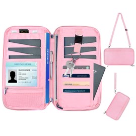 WALNEW Family Passport Holder & Travel Wallet, RFID Blocking Family Passport Wallet Travel Document Organize Zipper Case for Women Men (Pink)