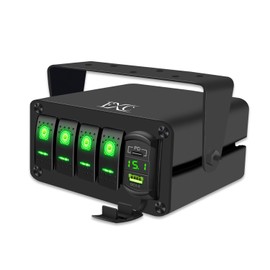 FXC 4 Gang Aluminum Rocker Switch Panel Green Backlit with PD Type C and QC 3.0 USB Charger Voltmeter Waterproof 12V 24V DC Rocker Switch Box for Car Trucks Boats RVs