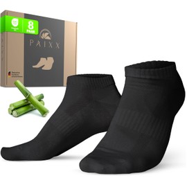 PAIXX Premium Bamboo Trainer Socks Pack of 8, 43-46 & 39-42, Men & Women - Breathable, Antibacterial Ankle Socks Against Sweaty Feet - Lint-Free Anti Odour Bamboo Socks, Black 8 Pairs