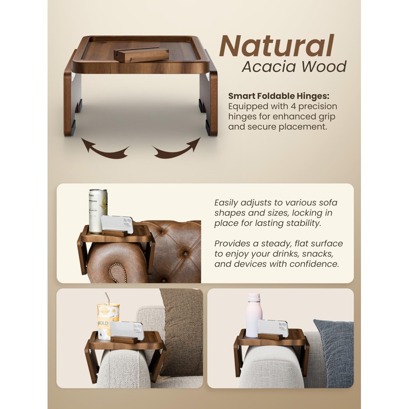 HOLANA 15.75" Acacia Couch Armrest Table - Wood Couch Arm