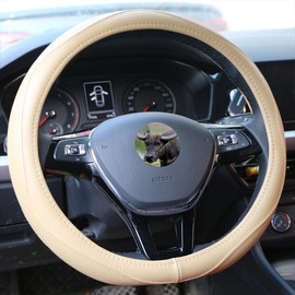 Elegant Off-White Leather Car Steering Wheel Cover No Smell 15 Inch Fits 14.5-15.1 inch Standard Steering Wheels 3D Wave Line