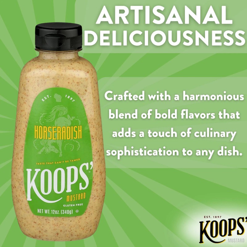 KOOPS' Horseradish Mustard Sauce 12oz Bold Flavor Condiment Squeeze Bottle