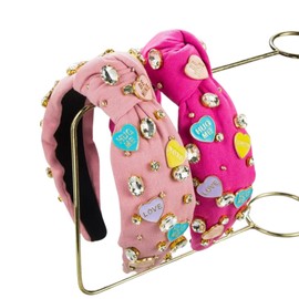 Valentine’s Day Heart Jewel Top Knot Headband | 2 Pack Hot Pink & Light Pink Message Heart XOXO Luv U Rhinestones Crystals Beaded Galentine’s Enamel Heart Charms
