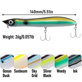 Dr.Fish Topwater Lure for SeaBass Fishing Lure 140mm/26g Sea Fishing Lure Treble Hooks Laser Scale SeaBass Popper Lure for Pike Bass Trout Surface Fishing Lure(Sliver Black)