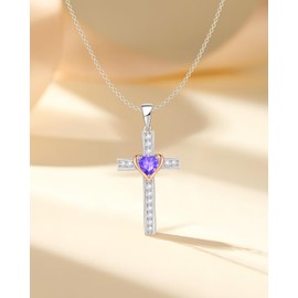 Calliora Birthstone Cross Necklace for Women, 925 Sterling Silver Heart Cross Pendant Necklace, Fine Cross Jewelry Birthday Gifts for Her, 18"+2" Inches