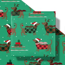 RUSPEPA Christmas Dog Wrapping Paper Roll, Mini Roll, Santa Dachshund in Plaid Sweaters and Gift Boxes, Green Gift Wrap for Pet Lovers, Kids Holiday Party, Friends, Family, 17 Inches x 16.4 Feet