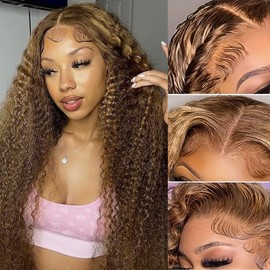 Ombre 13x4 Lace Front Wigs Human Hair 20 Inch 4/27 Highlight Water Wave Lace Frontal Wigs for Women Glueless Human Hair Wigs with Baby Hair Pre Plucked 150% Density Curly Human Hair