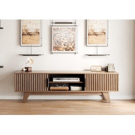 Claiks Mid-Century Modern TV Stand for 65 inch TV, Wood Fluted TV Stand with Storage and Adjustable Shelves, Low Profile TV Console for Living Room, Walnut