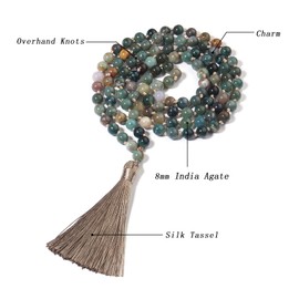 BALIBALI 8MM Beads Chakra Long Mala Necklace Natural Stone Meditation Statement Necklace Japa Yoga Buddhist Rosary Prayer Charm Beaded Tassel Necklace, India Agate, india agate