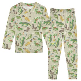 Krafig Cartoon Lizards Pattern Unisex Long-Sleeve PJ Sets, 2-Piece Pajamas Sleepwear Multi