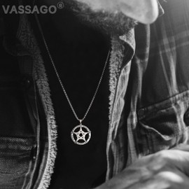 VASSAGO Pentagram Necklace for Men Women Stainless Steel Pentacle Pendant with Alchemy Symbol Pagan Wiccan Amulet Energy Jewelry (silver-box chain)