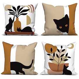 ChloropLastid Set of 4 Boho Cat Throw Pillow Covers Mid Century Abstract Minimalist Art Aesthetic Pillowcase 18x18 inch Bohemian Modern Decorative Velvet Cushion Case for Home Sofa Couch