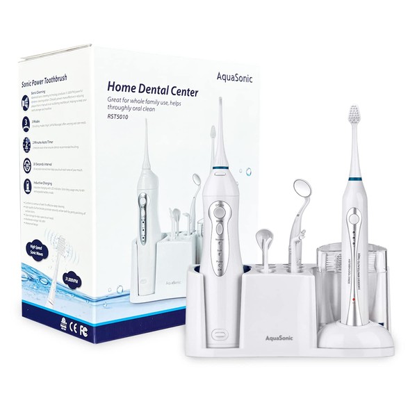 AquaSonic Home Dental Center Rechargeable Power Toothbrush & Smart Water Flosser - Complete Family Oral Care System - 10 Attachments and Tips Included - Various Modes & Timers