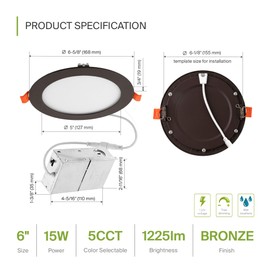 ASD LED Recessed Lighting 6 Inch | 2700K/3000K/3500K/4000K/5000K, 15W 60W Eqv | Ultra Thin Dimmable Ceiling Lights with J Box, Canless Wafer Downlight | Round Slim Panel Light - UL Energy Star 1 Pack