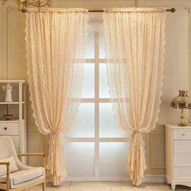 F-CHU Lace Curtains 90 drop Net Curtain for Doors or patio Boho Sheer Curtains 140cm Width x 229cm Drop (55"x 90") Beige Curtains
