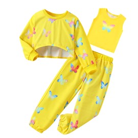 FJLSJSW Girls Long Sleeve 3 Piece Outfits Graphic Crop Sweatshirt Tank and Sweatpants Set Yellow 7-8T
