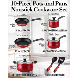 Cook N Home Pots and Pans Nonstick Cookware Set 10-Piece, Belly Shape Kitchen Cooking Set with Frying Pans and Saucepans, Induction Compatible, Marble Red