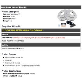 Front Ceramic Brake Pads and Crossed Drilled and Slotted Rotor Kit - 6 Lug - Premium G Coated - Compatible with 1988-1999 Chevy K1500