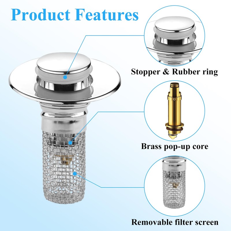 2PCS Universal Bathroom Sink Stopper with Hair Catcher, Pop-Up Drain