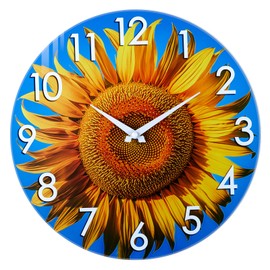 14 Inch Large Outdoor Clock Waterproof,Sunflower Decorative Glass Wall Clock for Patio Pool Garden, Yellow/Blue,Indoor/Outdoor