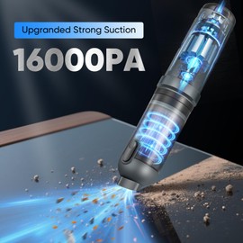 SakerPlus Car Vacuum, 4 in 1 Portable Mini Cordless Vacuum, 16000pa Suction Power, 7800mAh, Type-C Charge, Blower, Handheld Vacuum for Car, Office Desk HL139(Gray-Black)