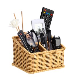 BTSKY 3 Slots Natural Woven Remote Control Holder for Desk Rattan Media TV Caddy Storage Holder Office Supply Storage Rack Desk Accessories Organizer For Living Room Bedroom Countertop, Beige