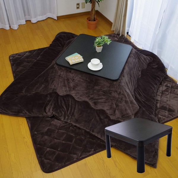 Square Kotatsu 3-Piece Set, Kotatsu Table+ Kotatsu Comforter + Kotatsu Quilt Rug, 57.1 x 57.1 inches (145 x 145 cm), D Flannel, Brown, Kotatsu Comforter: 66.9 x 66.9 inches (170 x 170 cm); Kotatsu Table: Black, 23.6 x 23.6 inches (60 x 60 cm), Kotatsu Co
